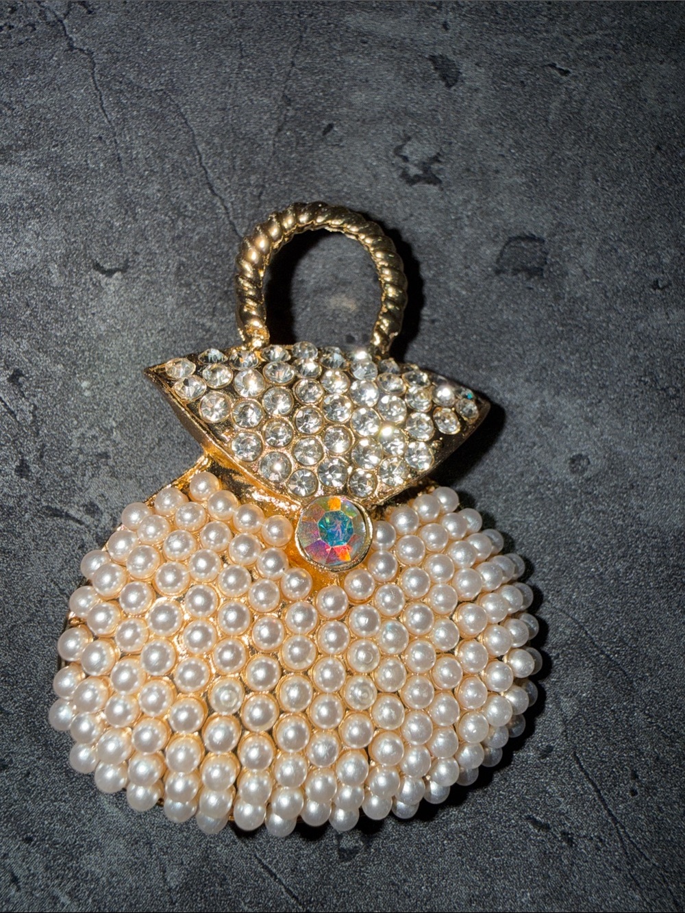Gold Pearl & Crystal Mini Purse Brooch - Gold